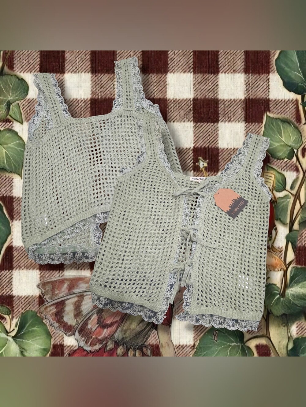 Main Strip Sage Crochet Lace-Trim Tank & Tie-Front Top